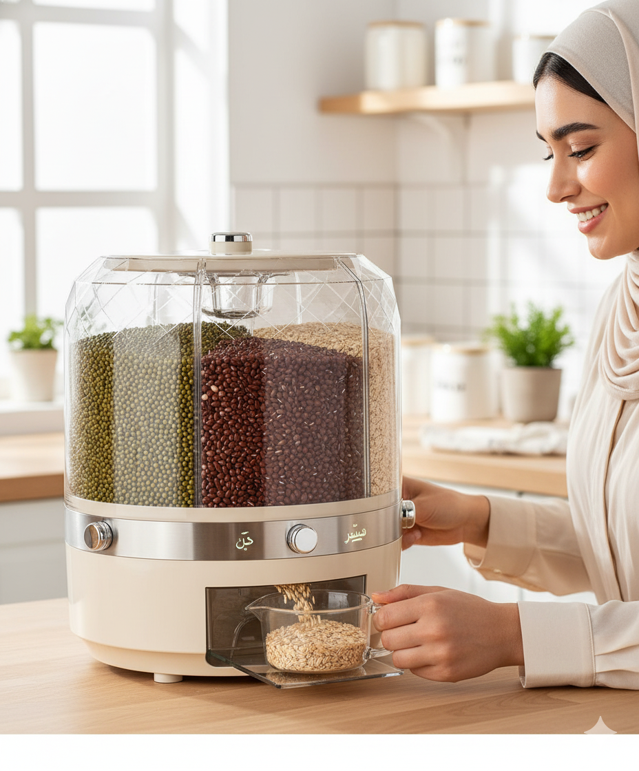 حاوية تخزين حبوب دوارة مع 6 مساحات تخزين، موزع طعام جاف شفاف للارز والعدس والحبوب - تصميم بزر ضغط، صندوق منظم للمطبخ متعدد الاستخدامات محكم الغلق