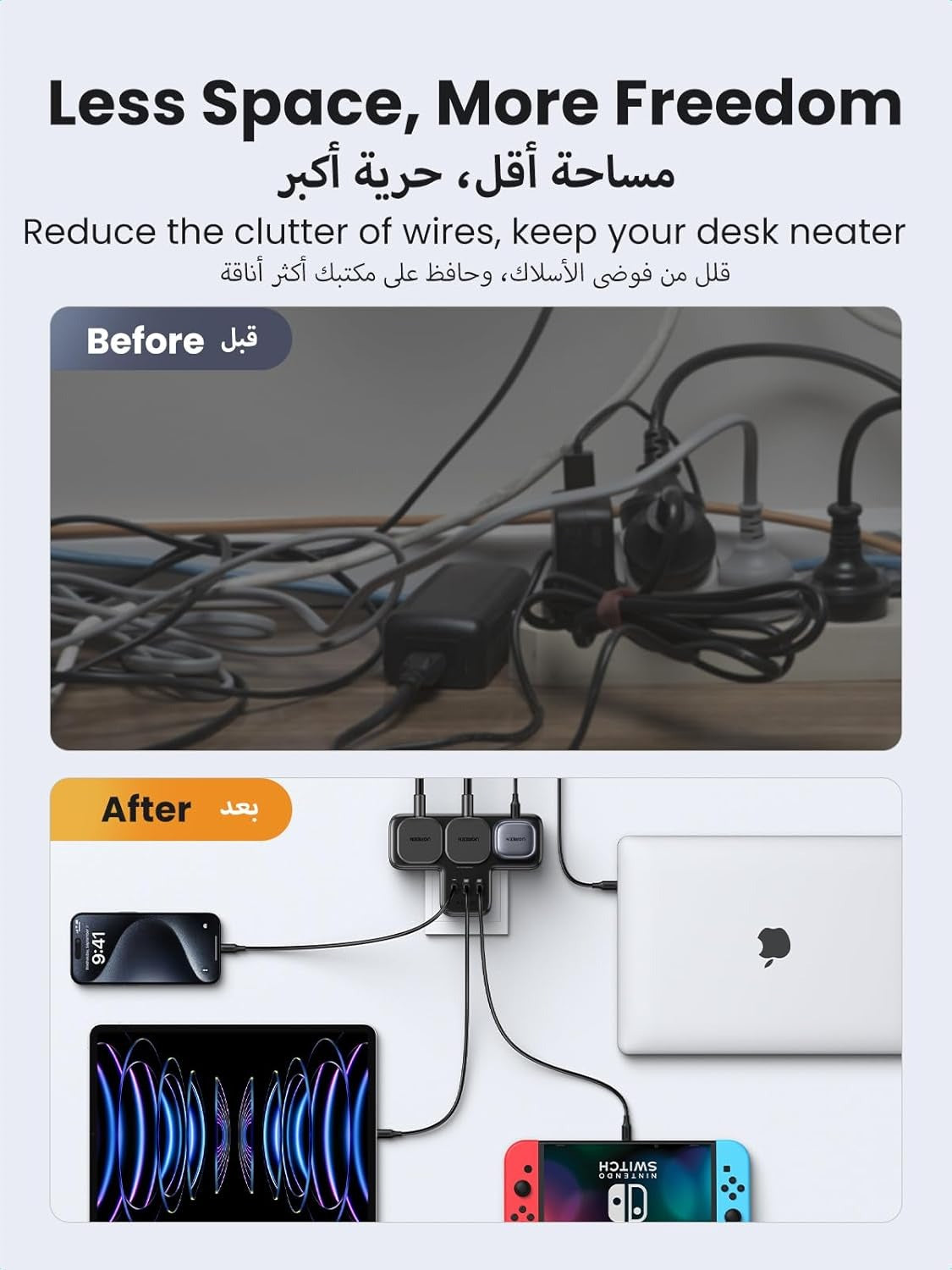 شريط طاقة 6 في 1 مع واقي من زيادة التيار الكهربائي ومقابس تمديد متعددة المنافذ مع 3 محطات شحن من النوع C في المملكة المتحدة للمطبخ