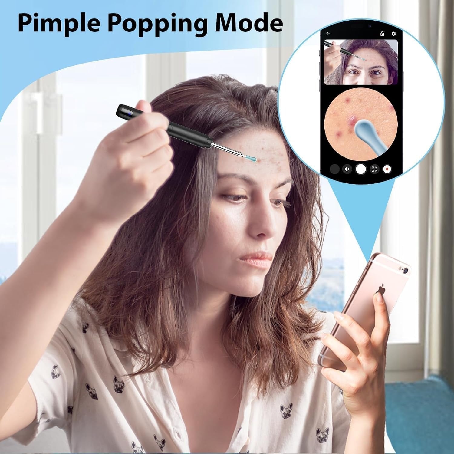 أداة إزالة شمع الأذن اللاسلكية مزودة بمنظار و6 مصابيح إضاءة ليد، مجموعة تنظيف الأذن لإزالة شمع الأذن، متوافقة مع أجهزة اندرويد وIOS، مجموعة من 8 قطع من أدو