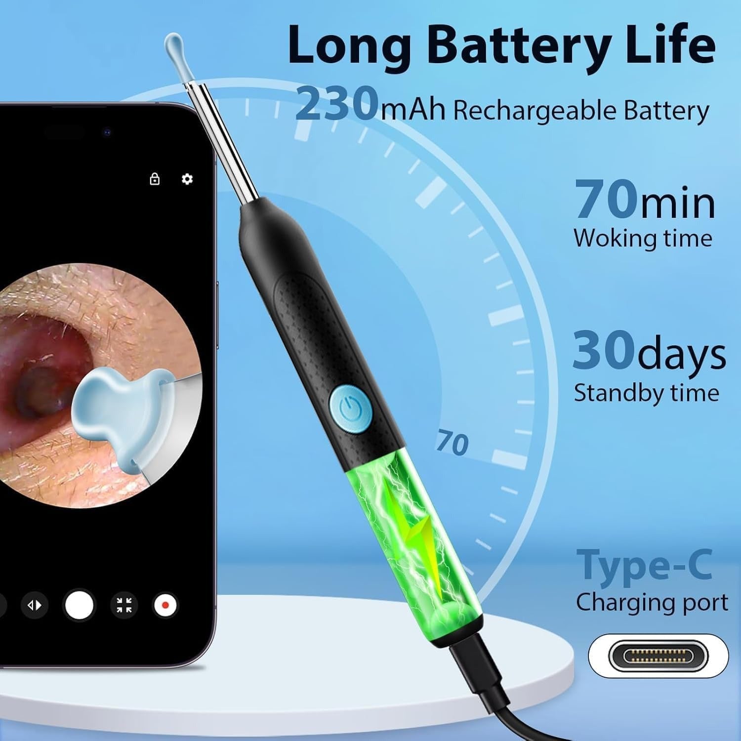 أداة إزالة شمع الأذن اللاسلكية مزودة بمنظار و6 مصابيح إضاءة ليد، مجموعة تنظيف الأذن لإزالة شمع الأذن، متوافقة مع أجهزة اندرويد وIOS، مجموعة من 8 قطع من أدو