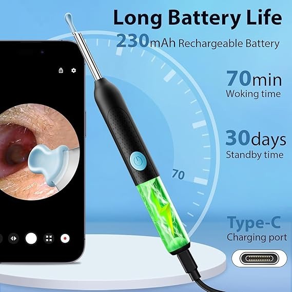 أداة إزالة شمع الأذن اللاسلكية مزودة بمنظار و6 مصابيح إضاءة ليد، مجموعة تنظيف الأذن لإزالة شمع الأذن، متوافقة مع أجهزة اندرويد وIOS، مجموعة من 8 قطع من أدو